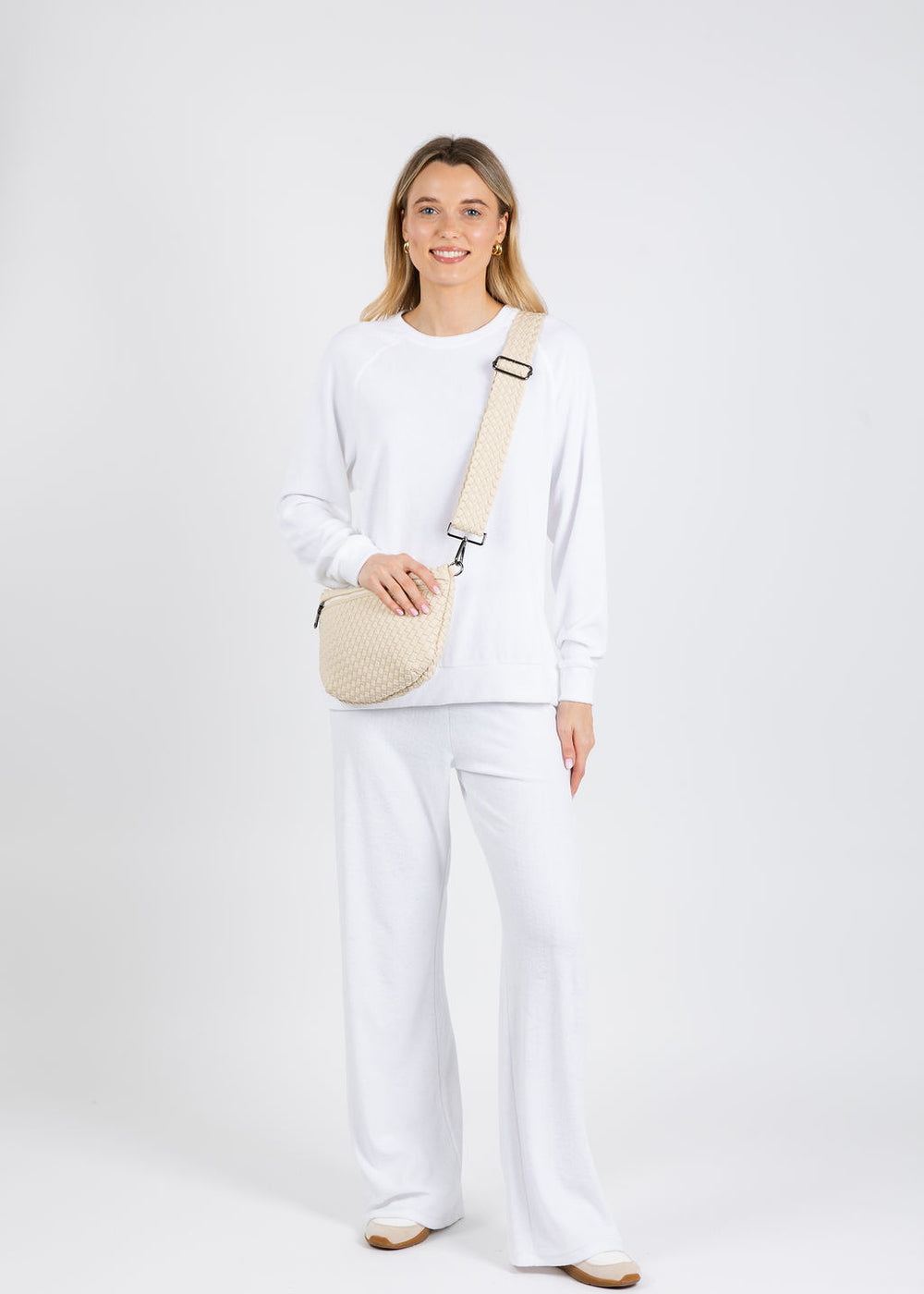 Goldie Life of Luxury Terry Crew Sweatshirt and Terry Flare Pants in White available at Barbara Katz