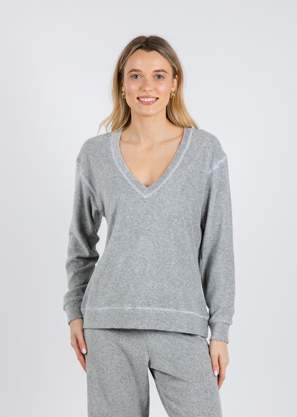 Goldie Life of Luxury Terry V-Neck Sweatshirt in Gray Heather available at Barbara Katz