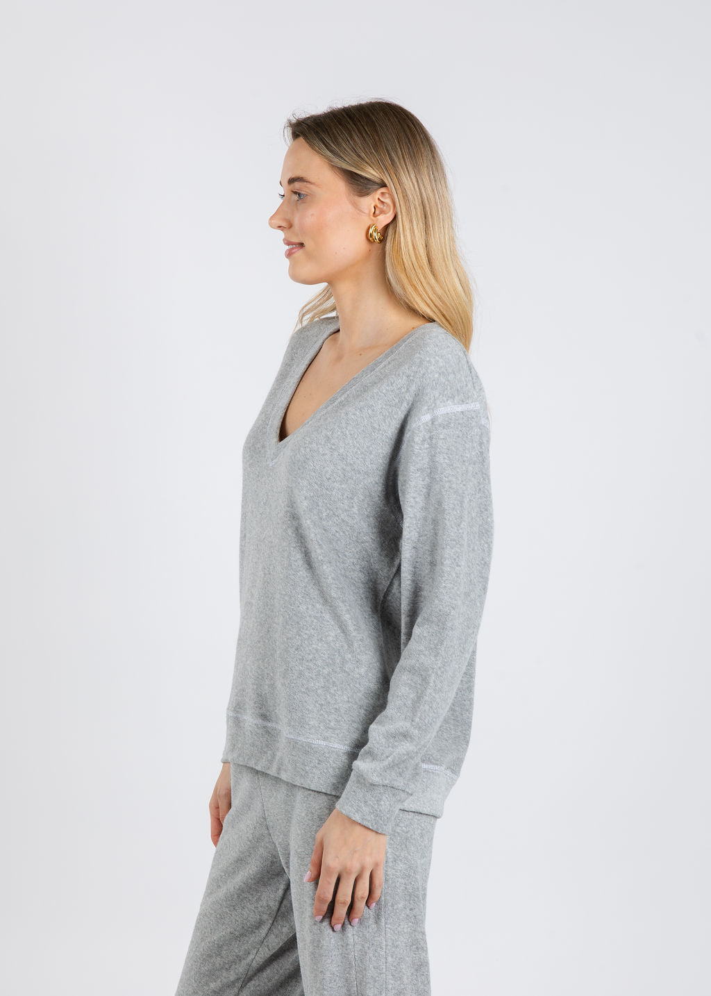 Goldie Life of Luxury Terry V-Neck Sweatshirt in Gray Heather available at Barbara Katz