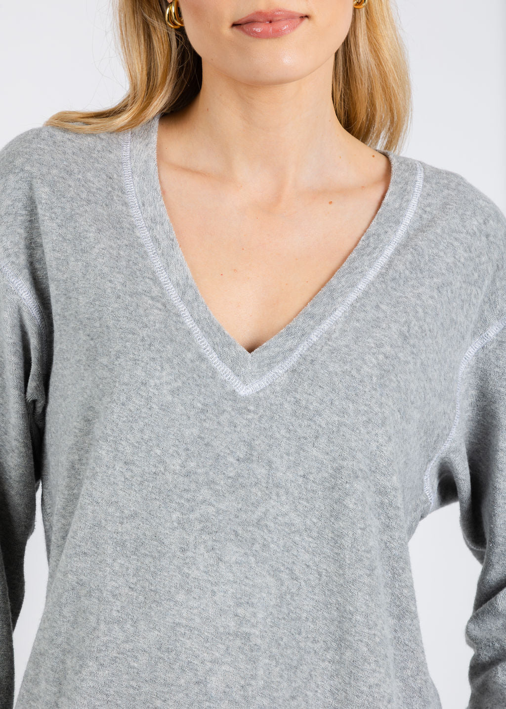 Goldie Life of Luxury Terry V-Neck Sweatshirt in Gray Heather available at Barbara Katz