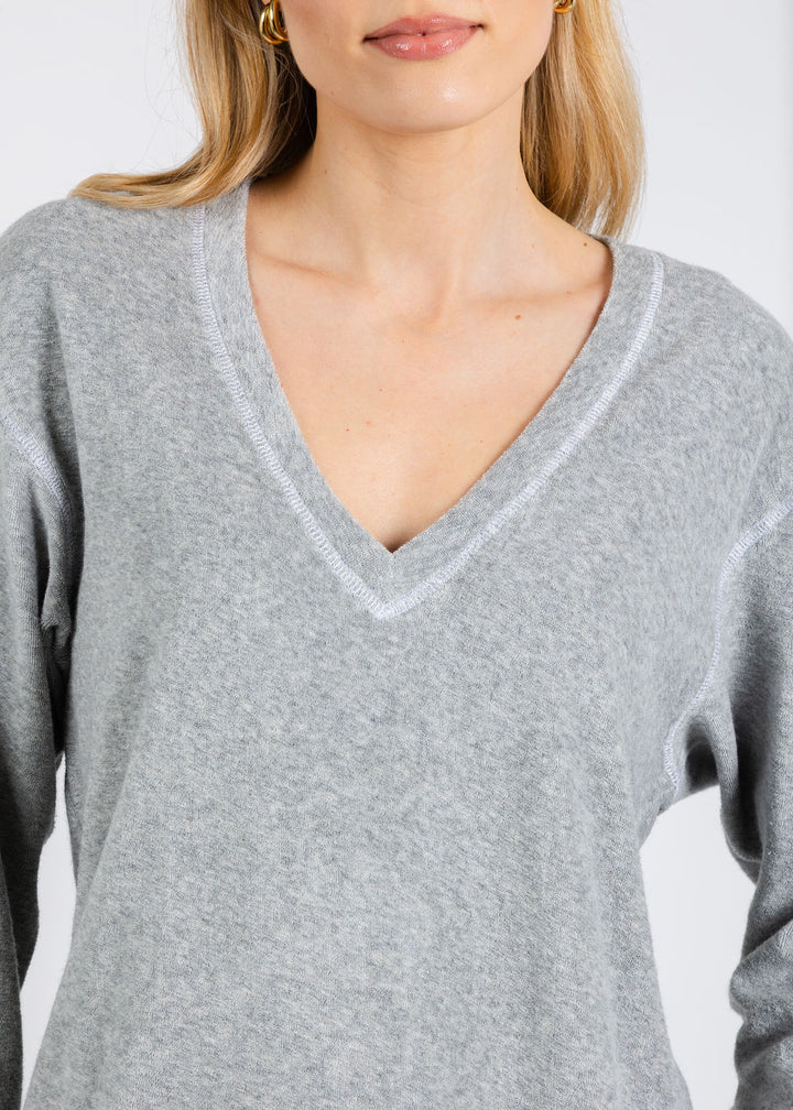 Goldie Life of Luxury Terry V-Neck Sweatshirt in Gray Heather available at Barbara Katz