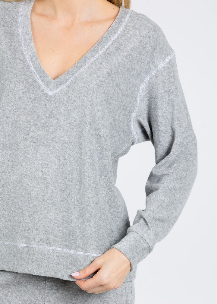 Goldie Life of Luxury Terry V-Neck Sweatshirt in Gray Heather available at Barbara Katz