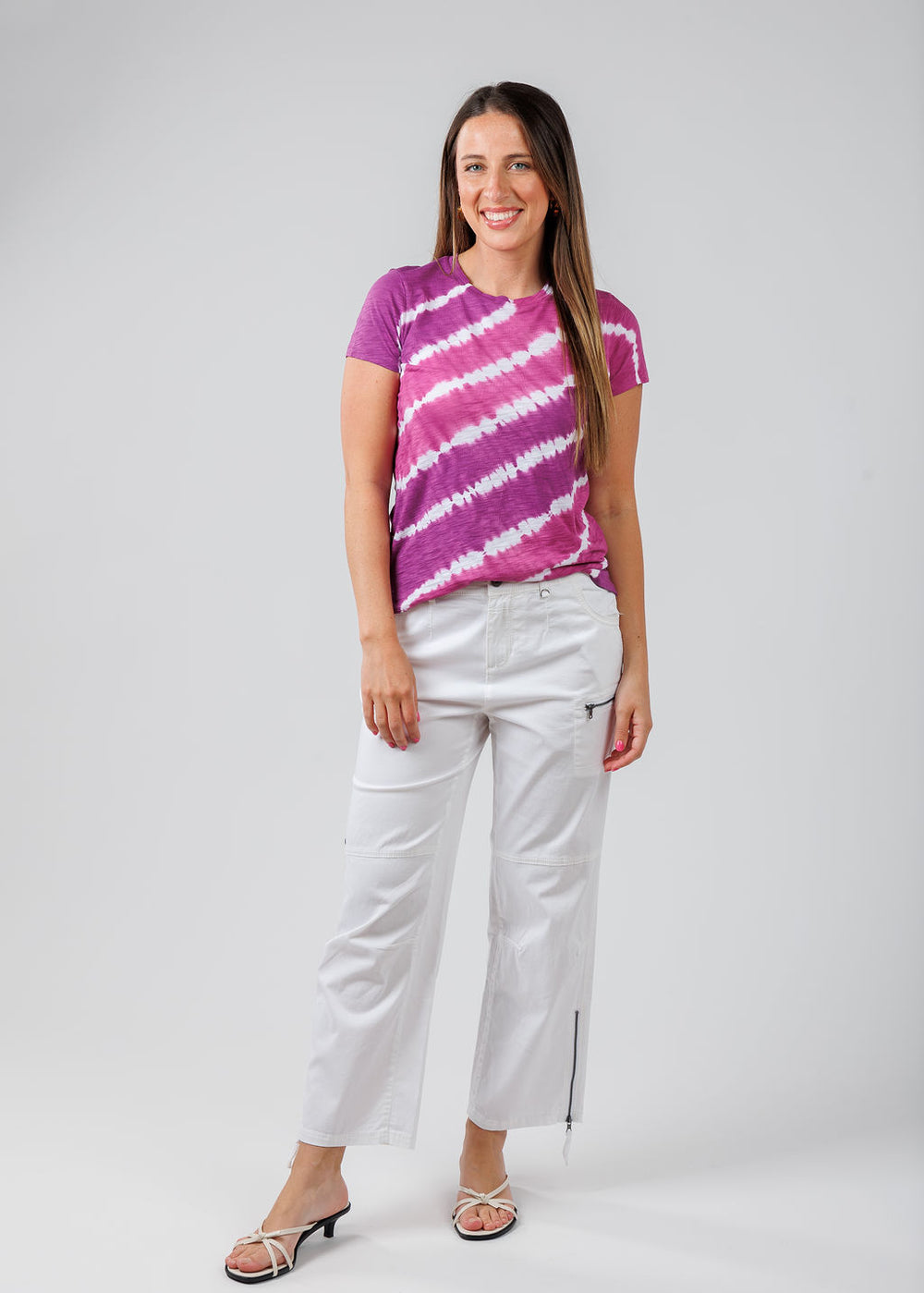 Goldie Lightning Tie Dye Boy Tee in Orchid/Grape paired with Marrakech Cyprus Pants in White available at Barbara Katz