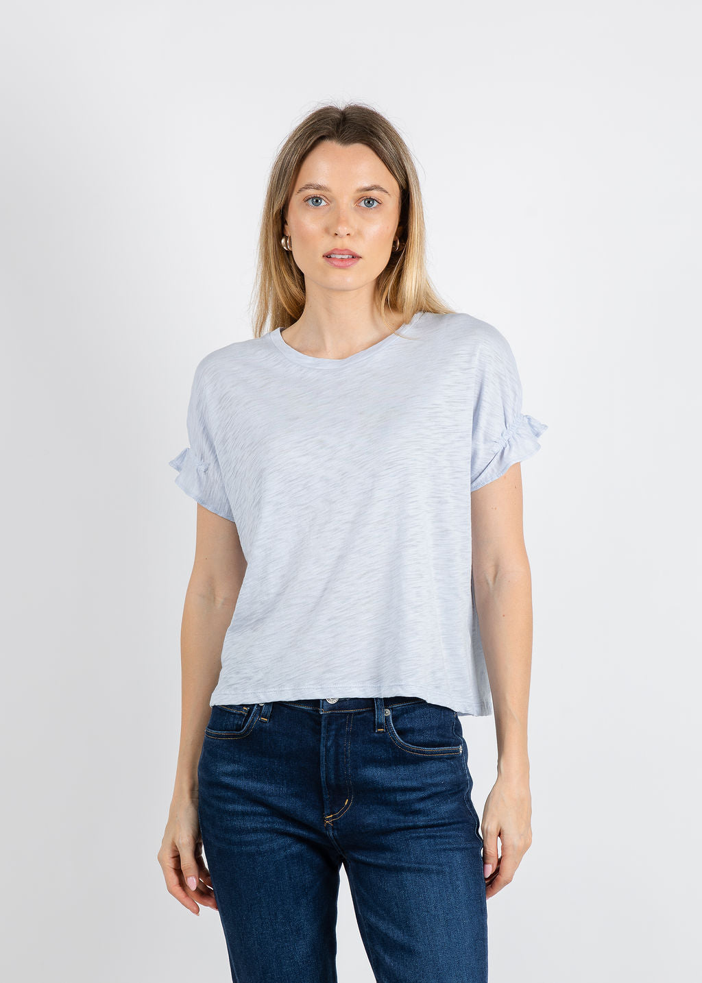 Goldie Mini Puff & Ruffle Sleeve Tee in Bluebell available at Barbara Katz