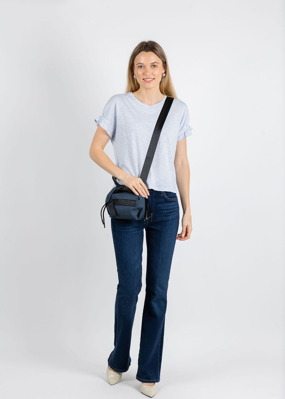 Goldie Mini Puff & Ruffle Sleeve Tee in Bluebell available at Barbara Katz