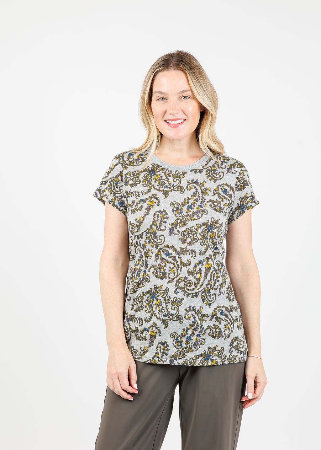 Goldie Paisley Grove Ringer Tee in Gray Heather available at Barbara Katz