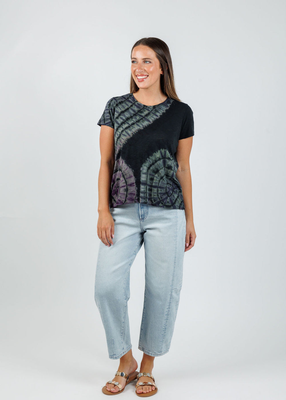 Goldie Patchwork Tie Dye Boy Tee in Charcoal Heather paired with Pistola Eli High Rise Barrel Jeans in Sun-Kissed  available at Barbara Katz