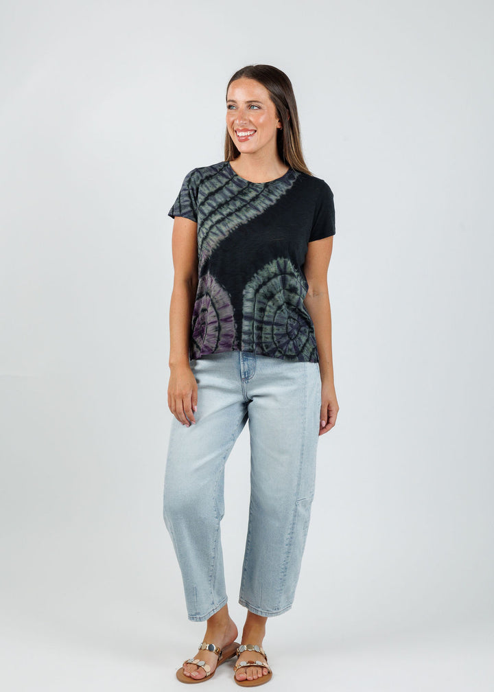 Goldie Patchwork Tie Dye Boy Tee in Charcoal Heather paired with Pistola Eli High Rise Barrel Jeans in Sun-Kissed  available at Barbara Katz