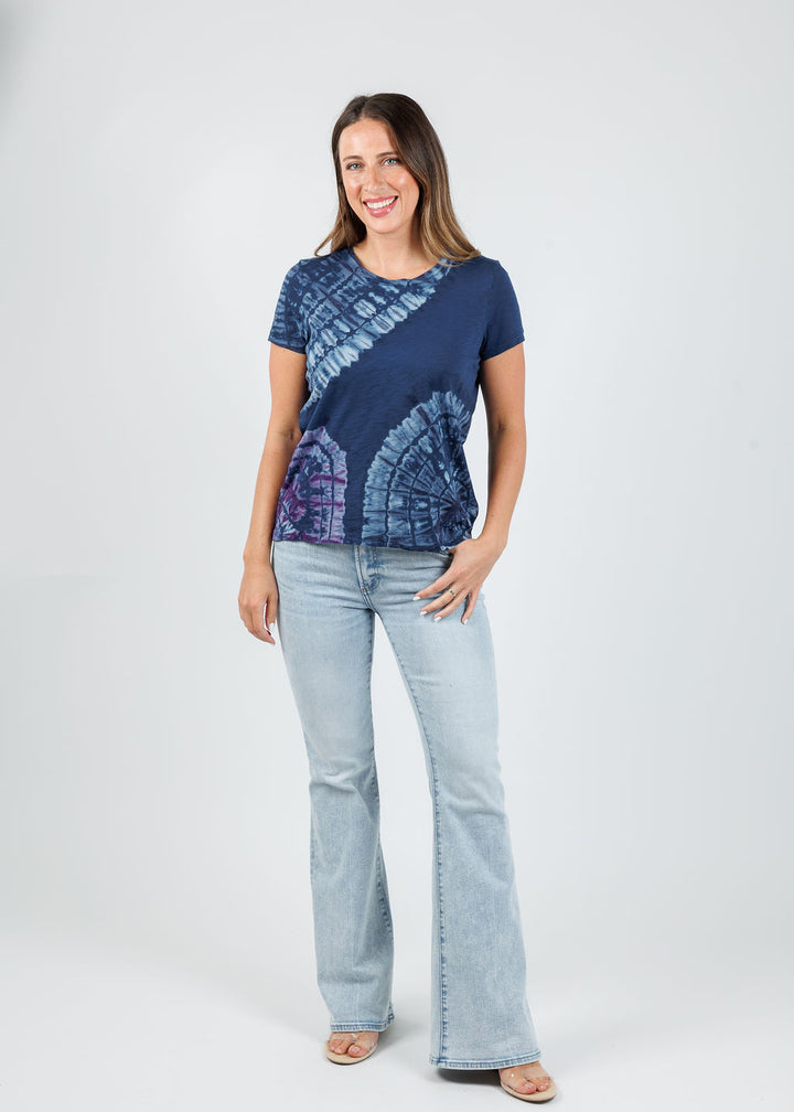 Goldie Patchwork Tie Dye Boy Tee in Estate Blue paired with Pistola Kinsley Mid Rise Ultra Flare Jeans in Serenity available at Barbara Katz