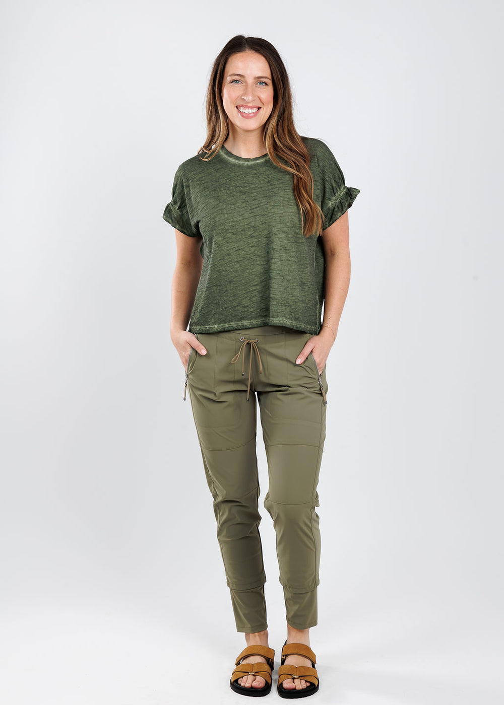 Goldie Puff & Ruffle Sleeve Tee in Army paired with Raffaello Rossi Candy Pants in Dark Forest available at Barbara Katz
