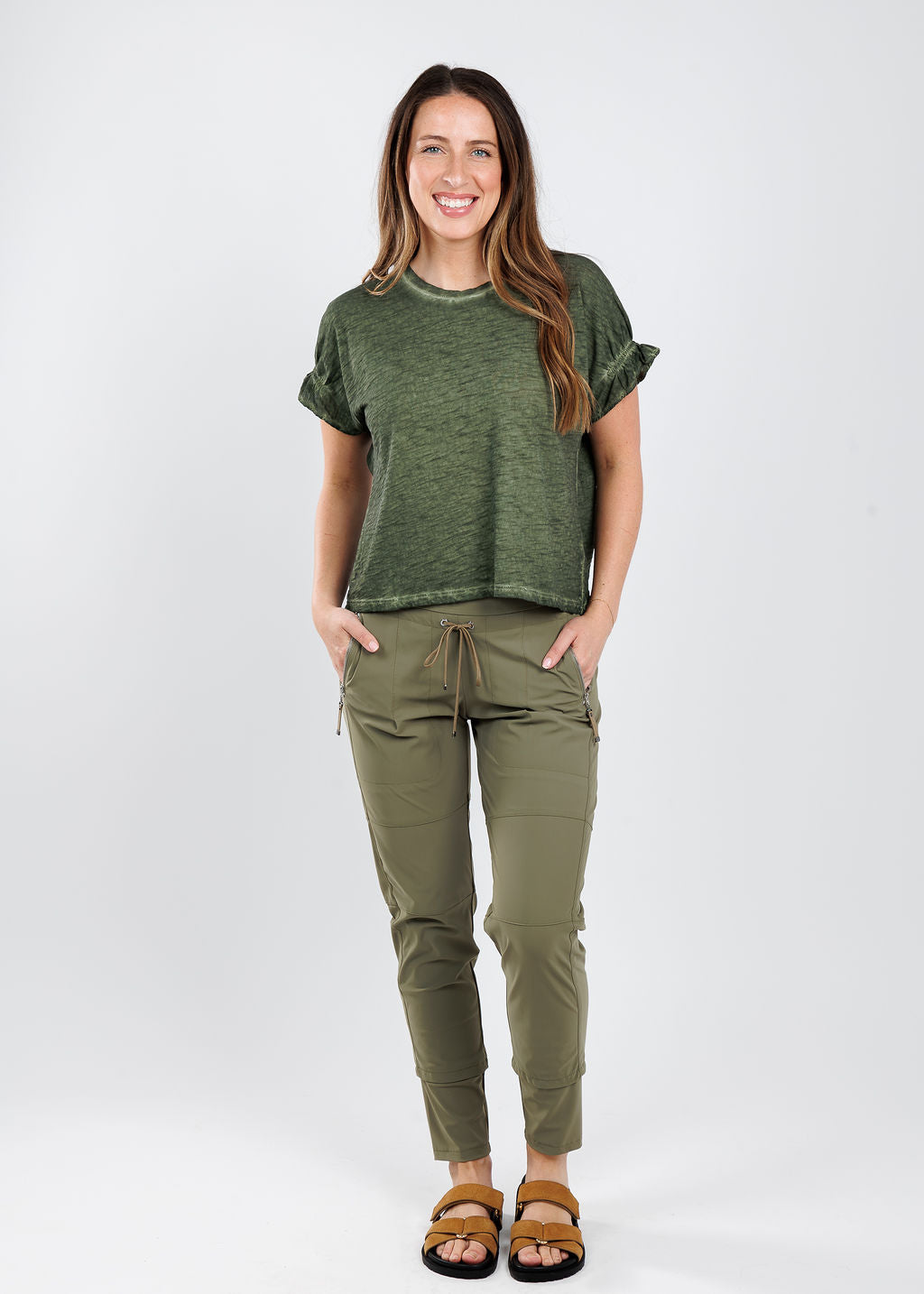 Goldie Puff & Ruffle Sleeve Tee in Army paired with Raffaello Rossi Candy Pants in Dark Forest available at Barbara Katz