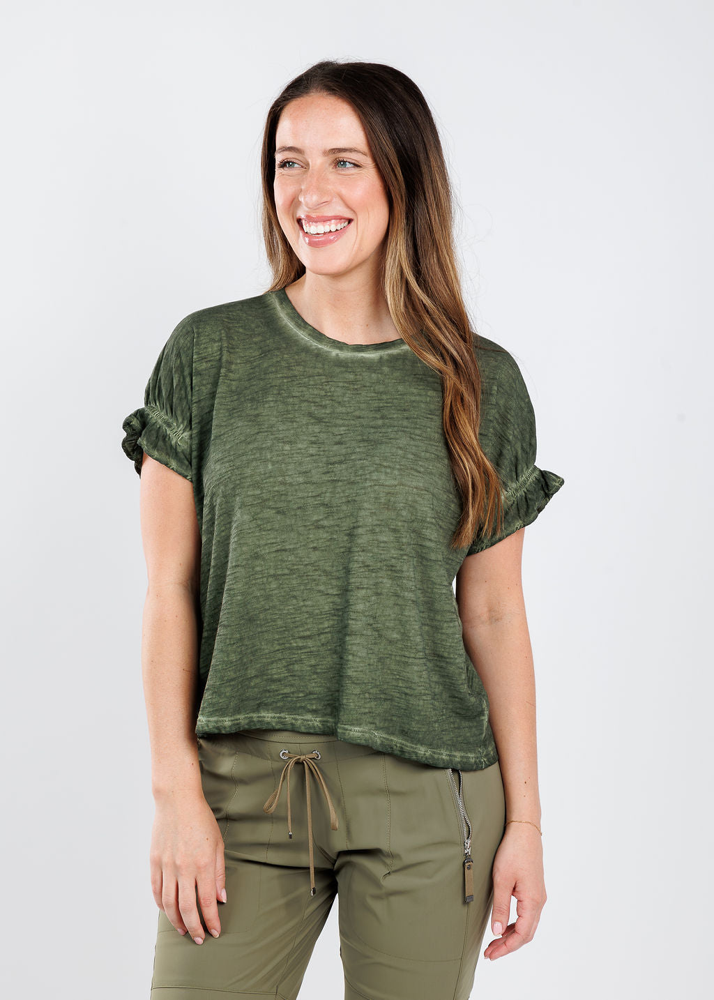 Goldie Puff & Ruffle Sleeve Tee in Army Green available at Barbara Katz