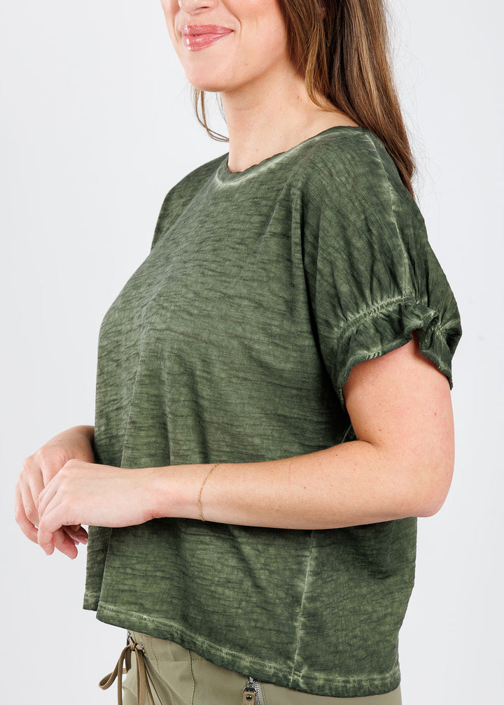 Goldie Puff & Ruffle Sleeve Tee in Army Green available at Barbara Katz