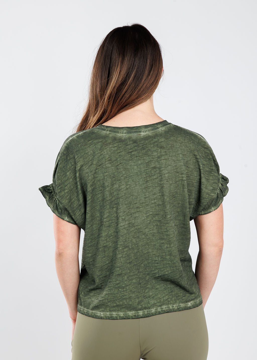 Goldie Puff & Ruffle Sleeve Tee in Army Green available at Barbara Katz