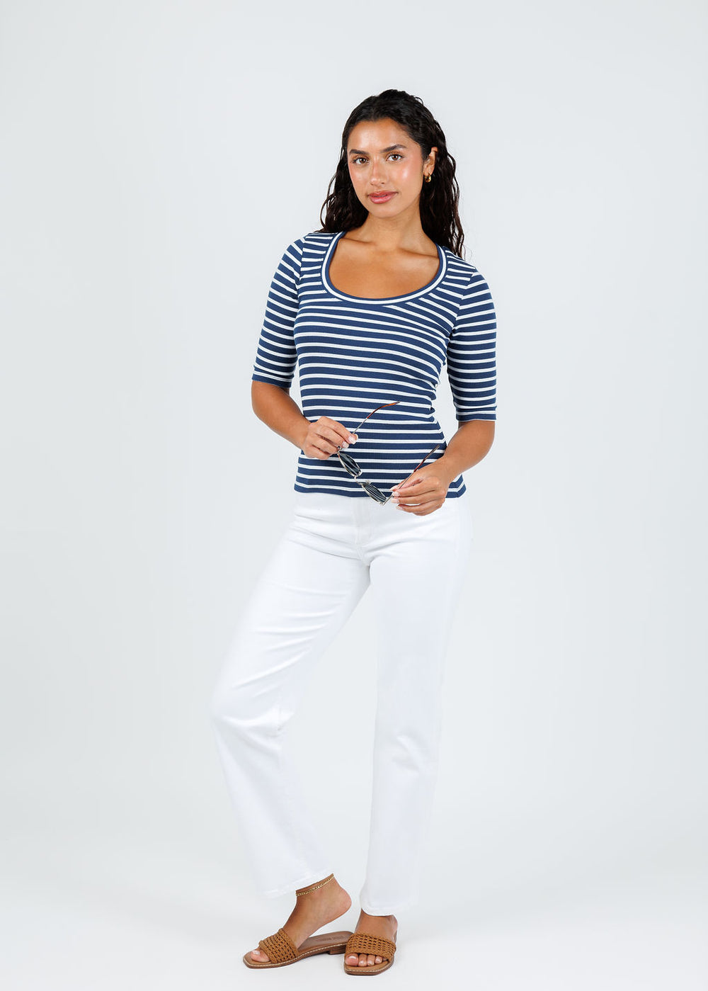 Goldie Rebecca Striped Rib Half Sleeve Top in Estate/White available at Barbara Katz