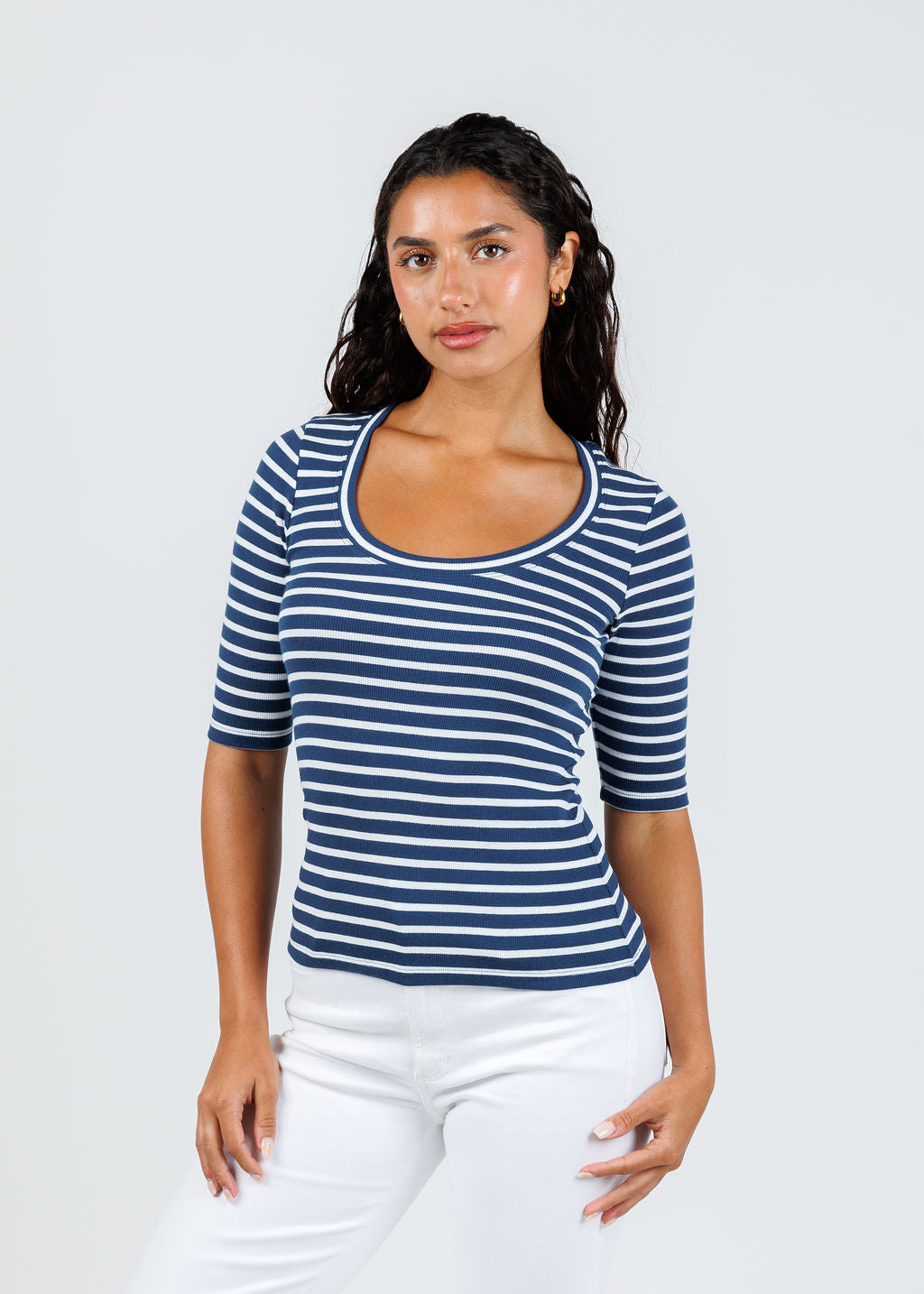 Goldie Rebecca Striped Rib Half Sleeve Top in Estate/White available at Barbara Katz