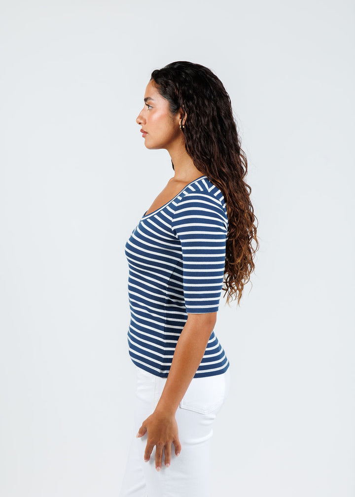 Goldie Rebecca Striped Rib Half Sleeve Top in Estate/White available at Barbara Katz
