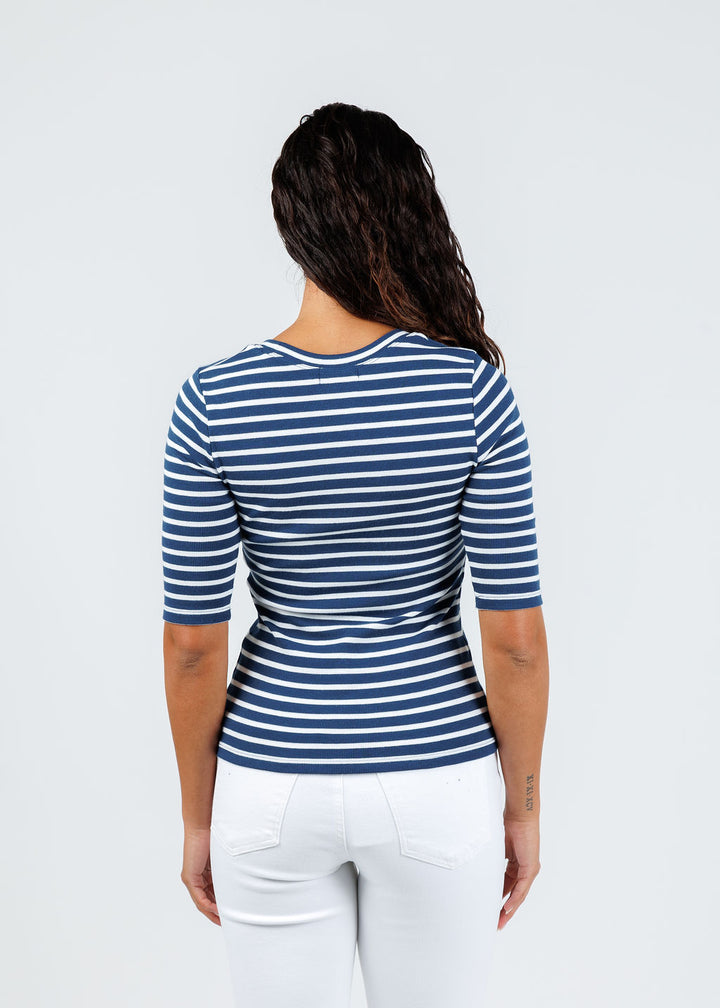 Goldie Rebecca Striped Rib Half Sleeve Top in Estate/White available at Barbara Katz