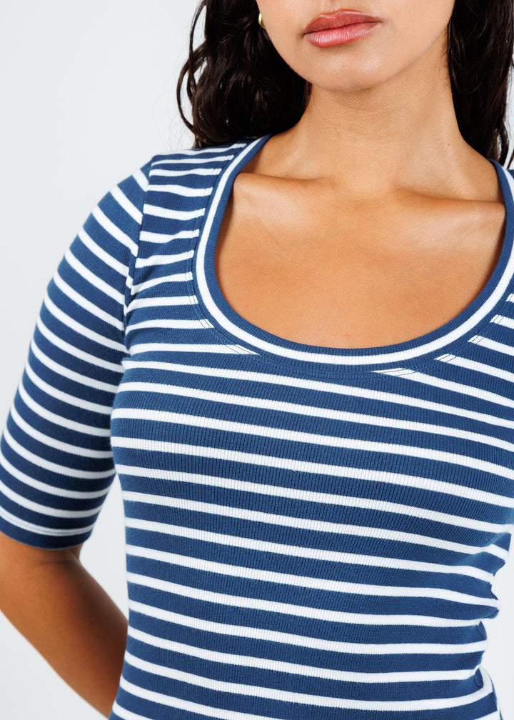 Goldie Rebecca Striped Rib Half Sleeve Top in Estate/White available at Barbara Katz