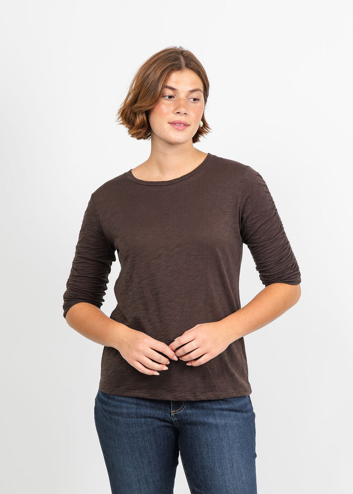 Goldie Ruched Half Sleeve Crew Tee in French Roast available at Barbara Katz