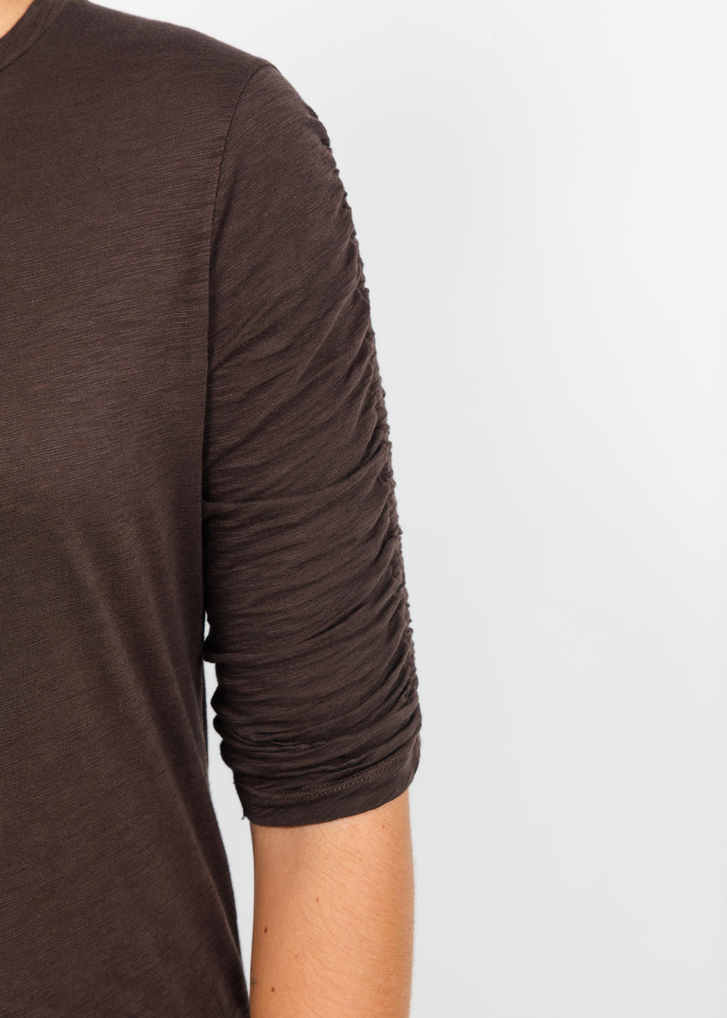 Goldie Ruched Half Sleeve Crew Tee in French Roast available at Barbara Katz