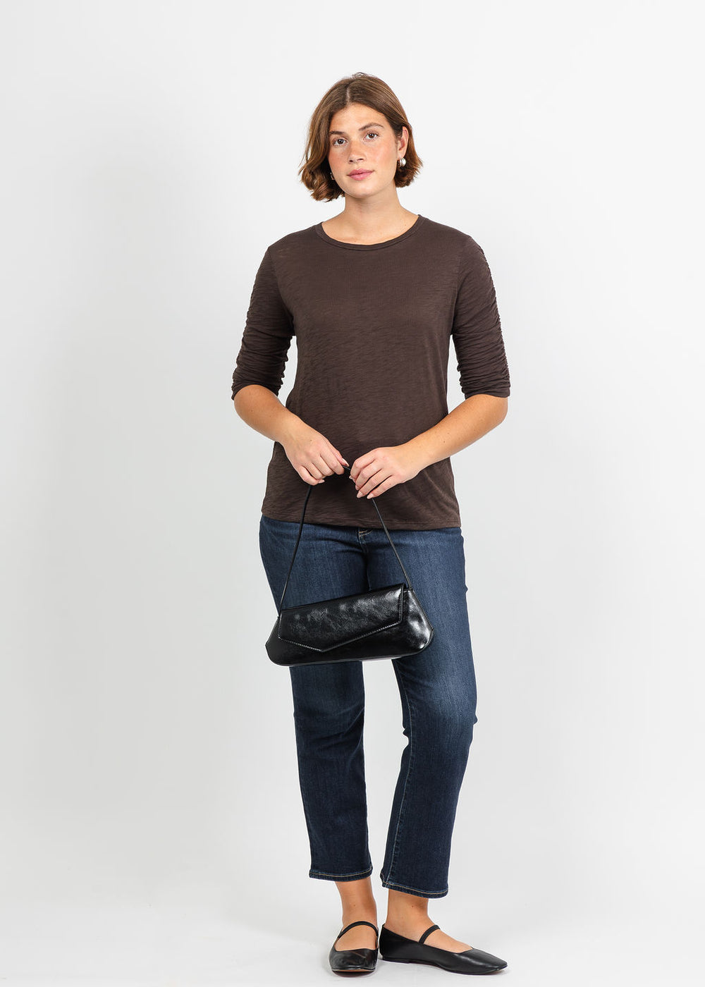 Goldie Ruched Half Sleeve Crew Tee in French Roast available at Barbara Katz