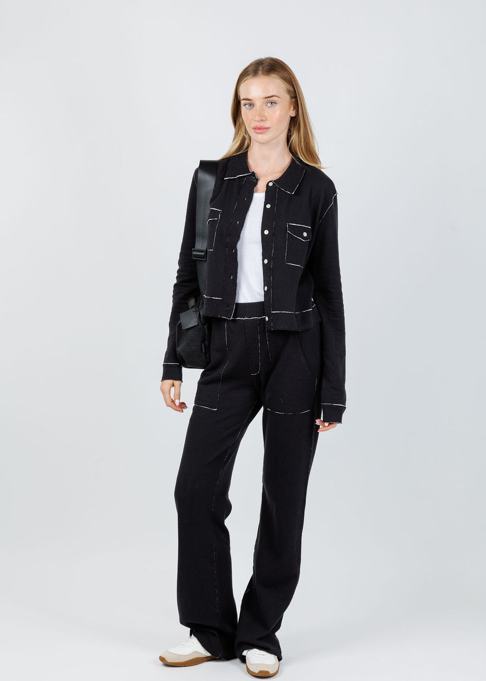 Goldie Serena Double Face Jacket in Black/Gray Heather paired with Goldie Serena Double Face Studio Pants in Black/Gray Heather available at Barbara Katz