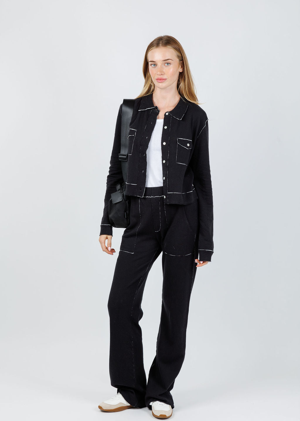 Goldie Serena Double Face Jacket in Black/Gray Heather paired with Goldie Serena Double Face Studio Pants in Black/Gray Heather available at Barbara Katz