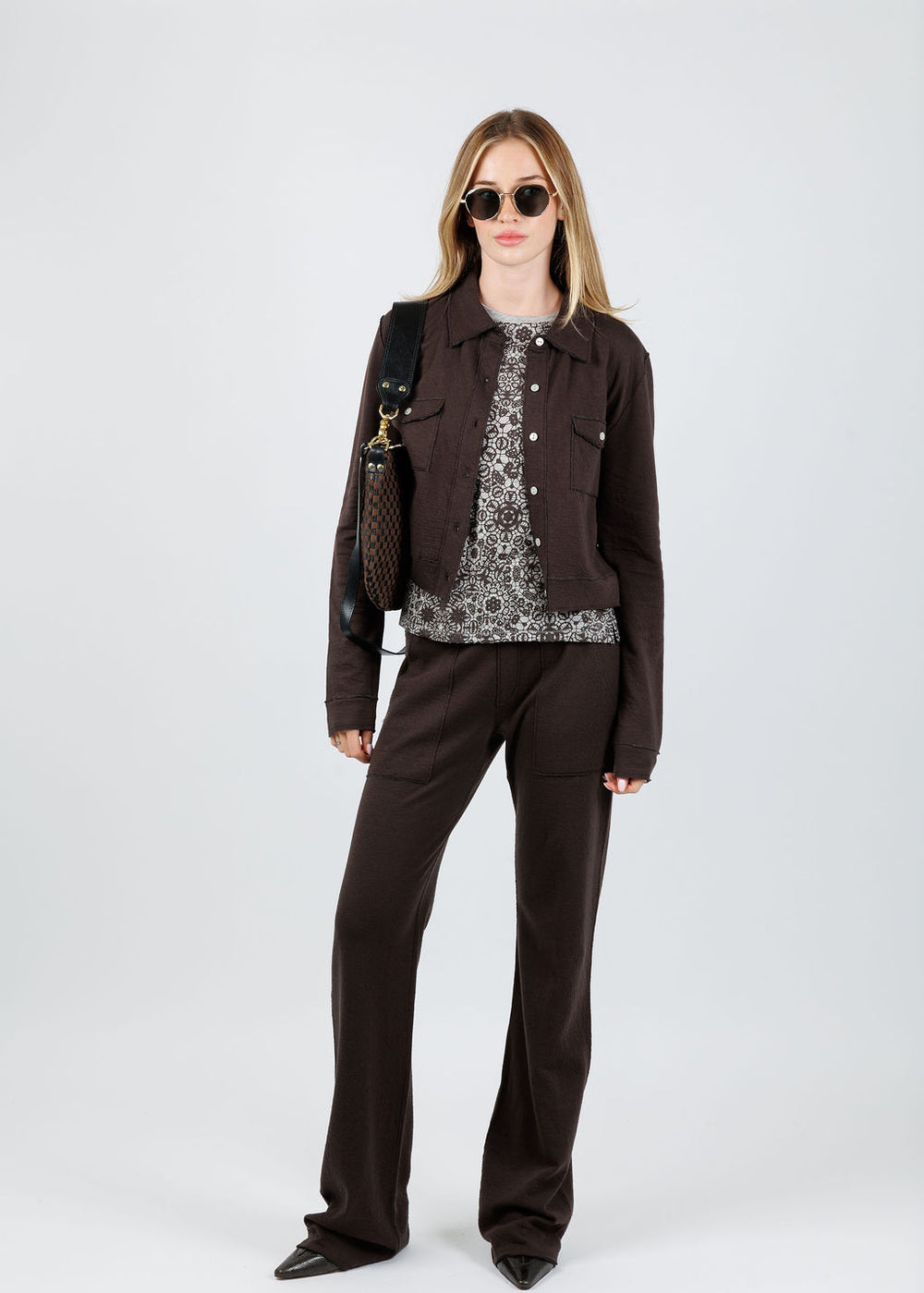 Goldie Serena Double Face Jacket in Coffee paired with Goldie Serena Double Face Studio Pants in Coffee available at Barbara Katz