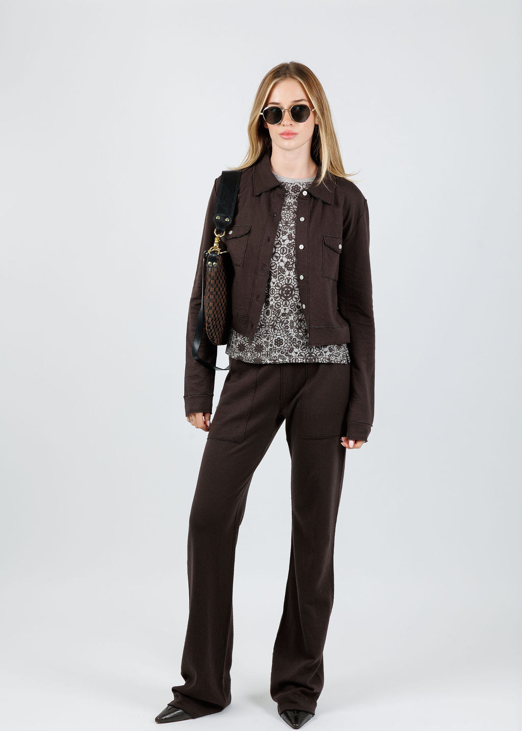Goldie Serena Double Face Jacket in Coffee paired with Goldie Serena Double Face Studio Pants in Coffee available at Barbara Katz