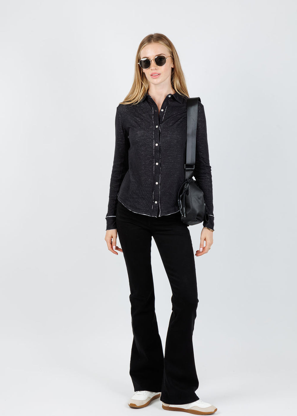 Goldie Sienna Double Layer Jersey Button-Up Shirt in Black/White available at Barbara Katz
