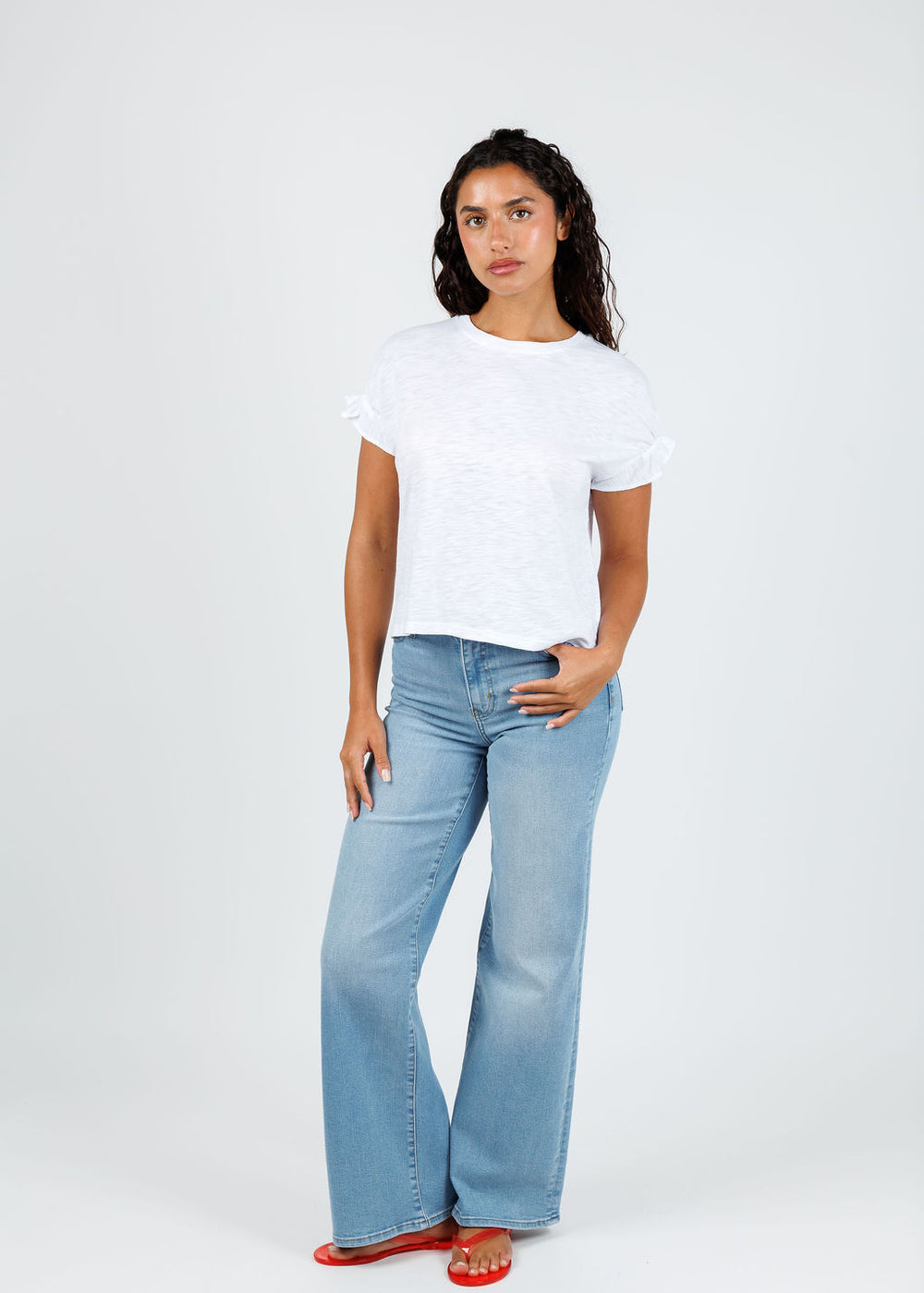 Goldie Signature Slub Puff & Ruffle Sleeve Tee in White available at Barbara Katz