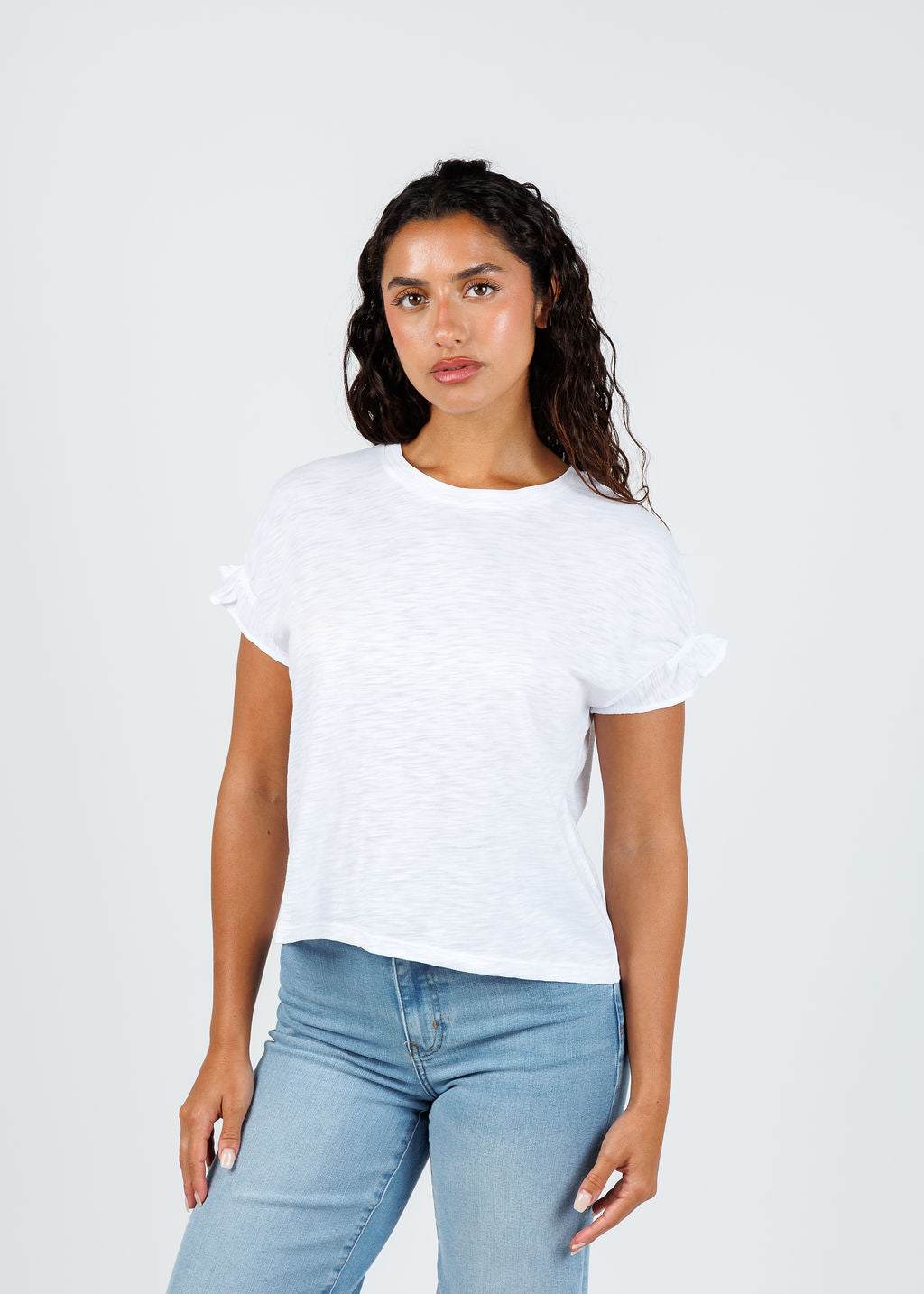 Goldie Signature Slub Puff & Ruffle Sleeve Tee in White available at Barbara Katz