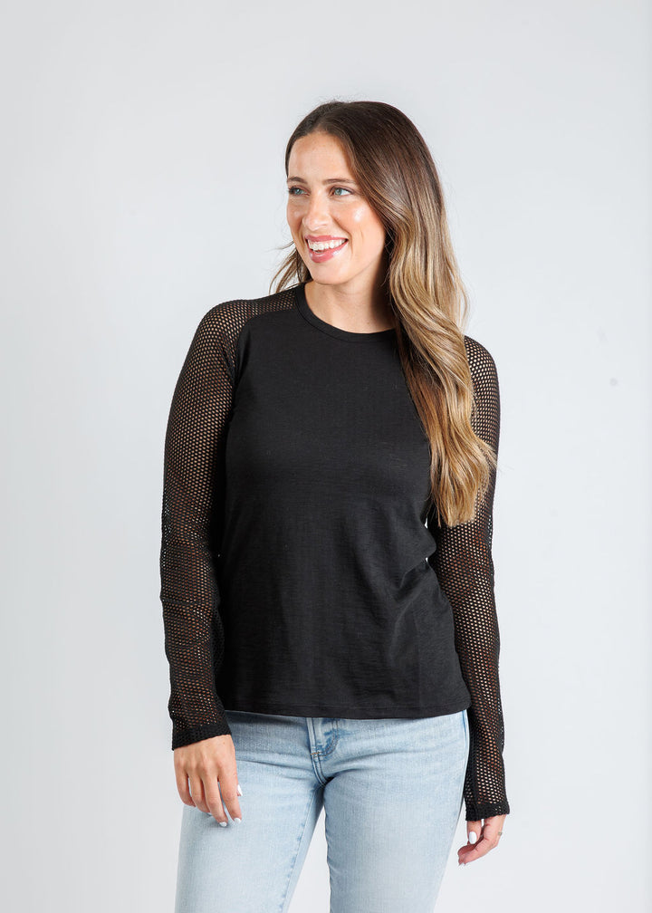 Goldie Soleil Saddle Fishnet Long Sleeve Top in Black available at Barbara Katz