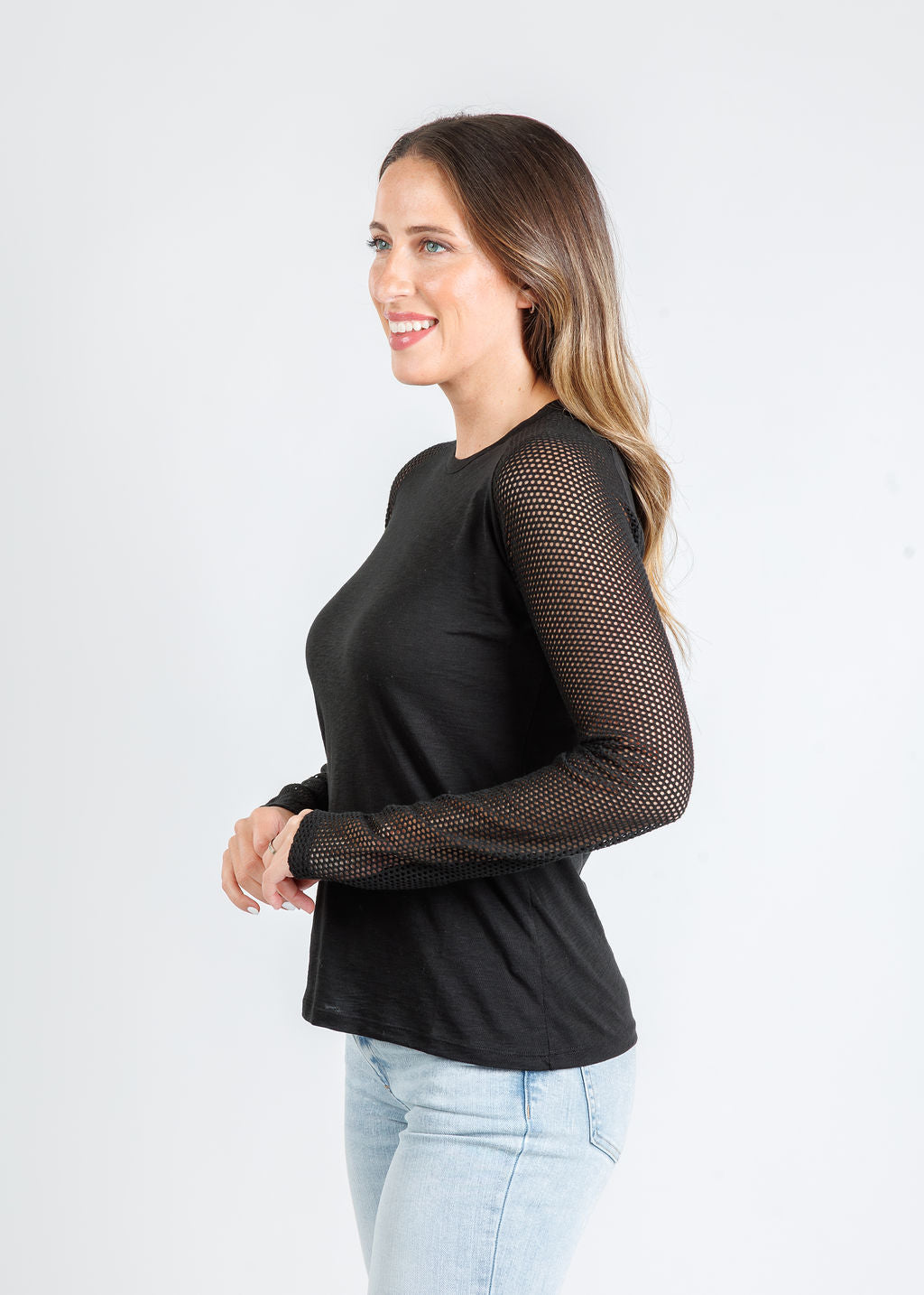 Goldie Soleil Saddle Fishnet Long Sleeve Top in Black available at Barbara Katz