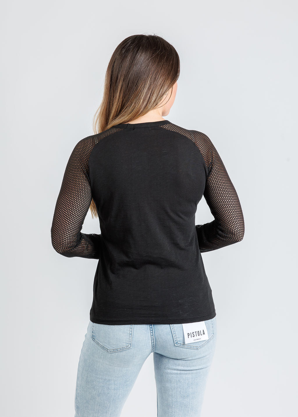 Goldie Soleil Saddle Fishnet Long Sleeve Top in Black available at Barbara Katz