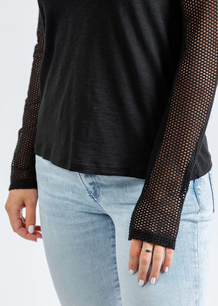 Goldie Soleil Saddle Fishnet Long Sleeve Top in Black available at Barbara Katz
