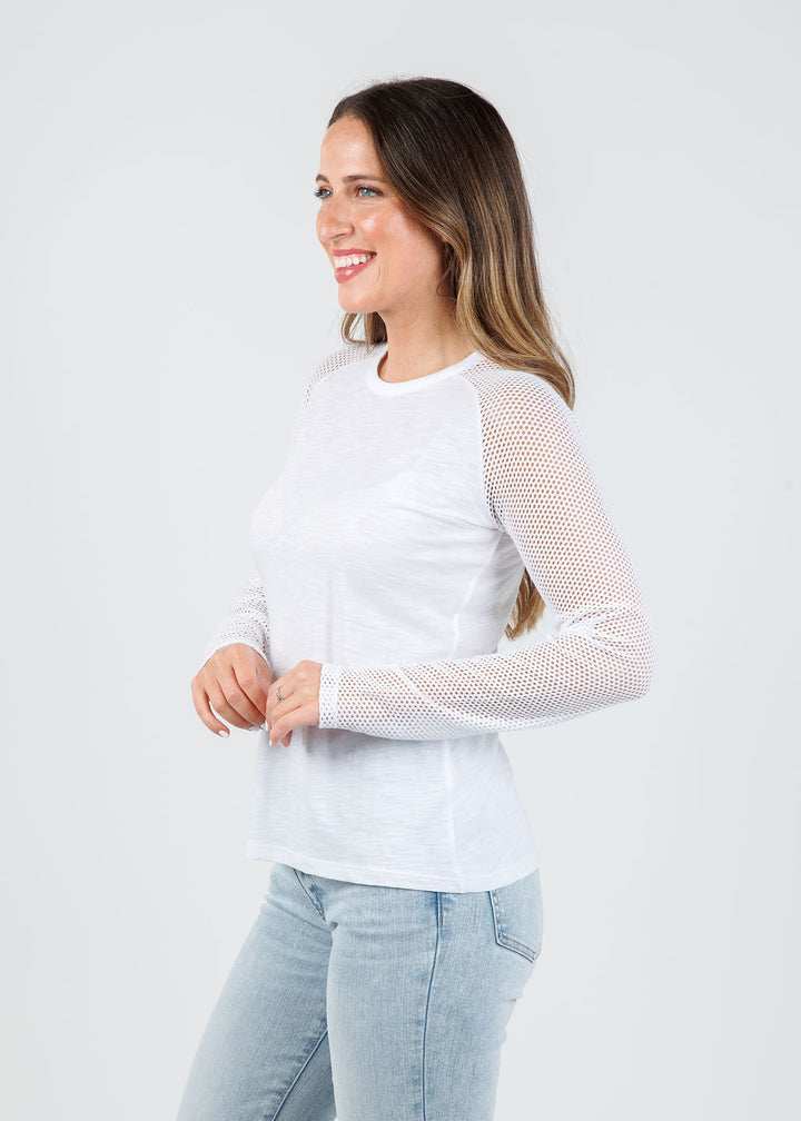 Goldie Soleil Saddle Fishnet Long Sleeve Top in White available at Barbara Katz