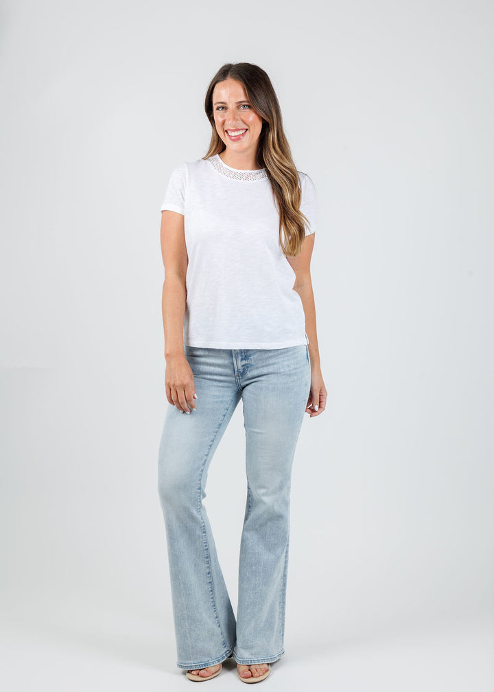 Goldie Soleil Slub Fishnet Boy Tee in White paired with Kinsley Mid Rise Ultra Flare Jeans in Serenity available at Barbara Katz