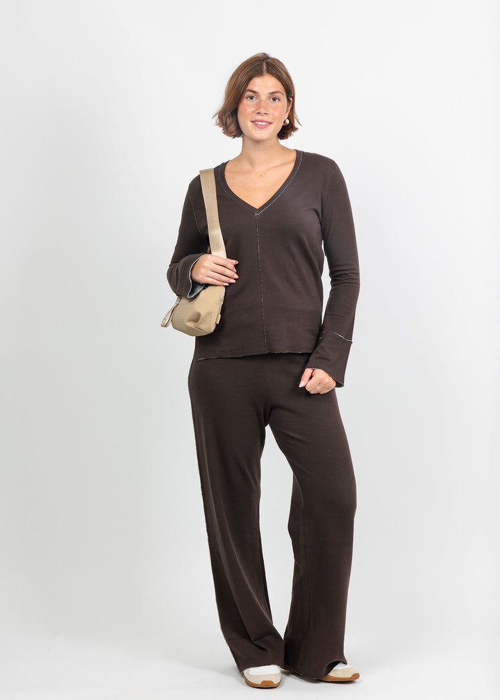 Goldie Stella Double-Faced V-Neck Pullover and Flare Pants in Coffee/Heather Gray available at Barbara Katz