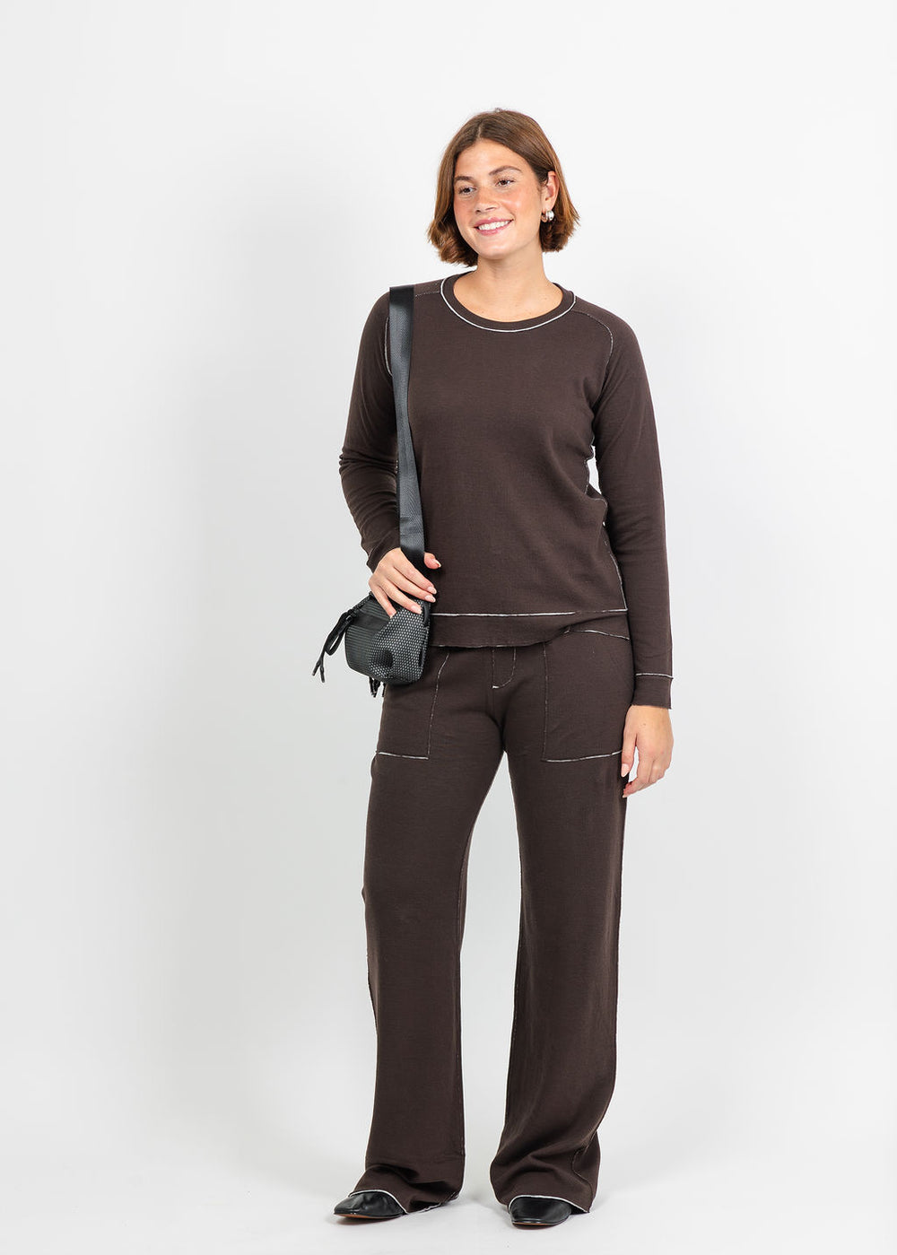 Goldie Stella Double-Faced Saddle Shoulder Pullover and Studio Pant in Coffee/Gray Heather available at Barbara Katz