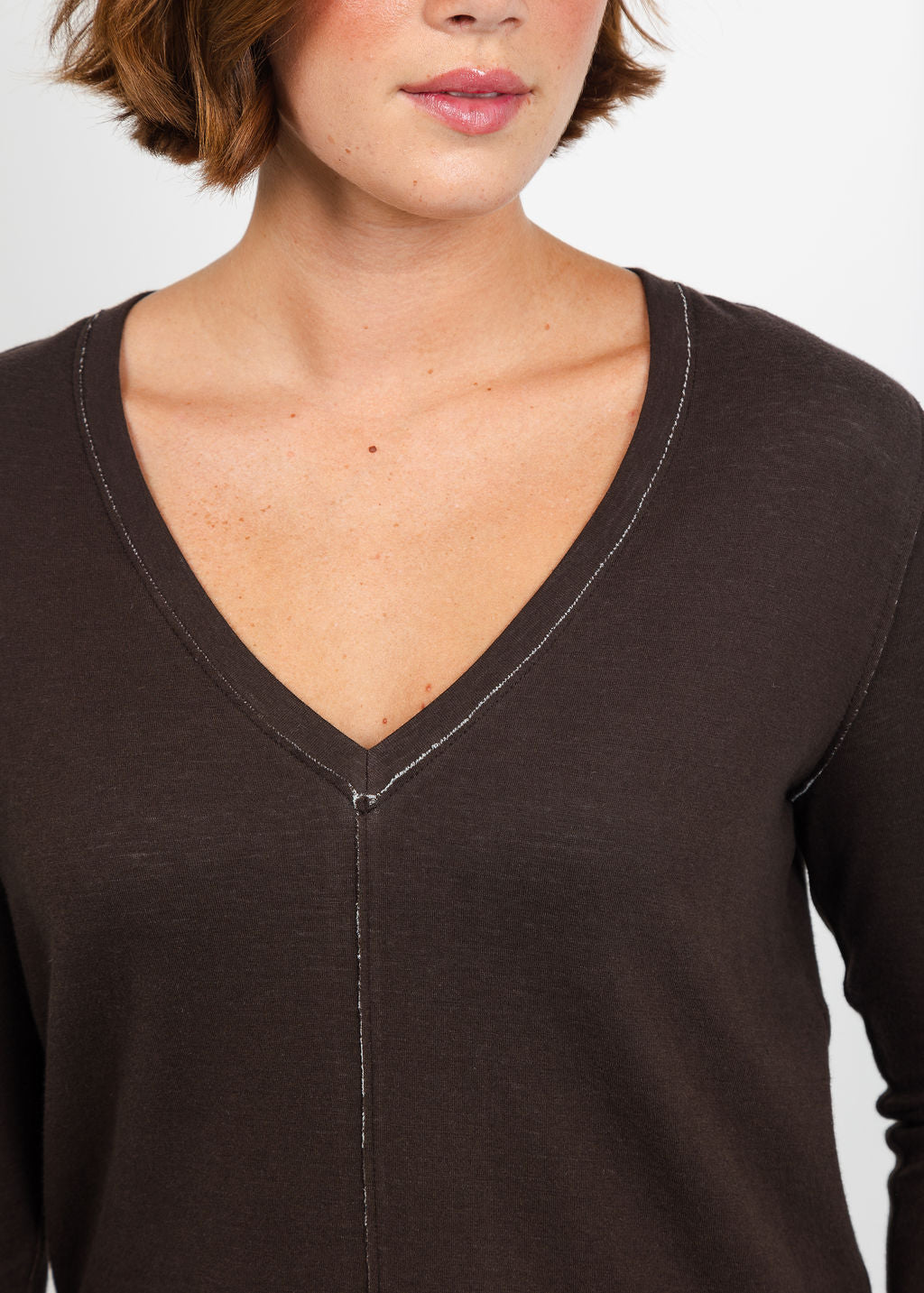 Goldie Stella Double-Faced V-Neck Pullover in Coffee/Heather Gray available at Barbara Katz