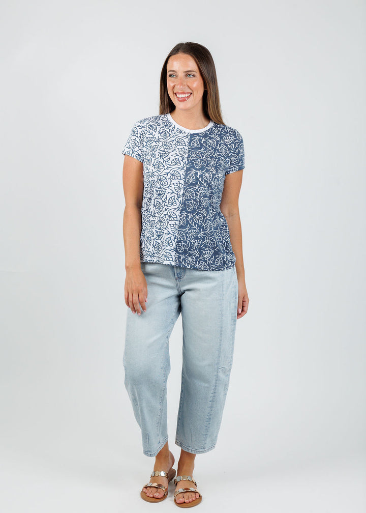Goldie Two-Tone Tropical Rainforest Boy Tee in Estate/White paired with Pistola Eli High Rise Barrel Jeans in Sun-Kissed available at Barbara Katz
