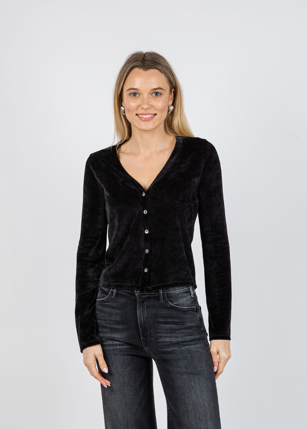 Goldie Velour Crush Cardigan in Black available at Barbara Katz