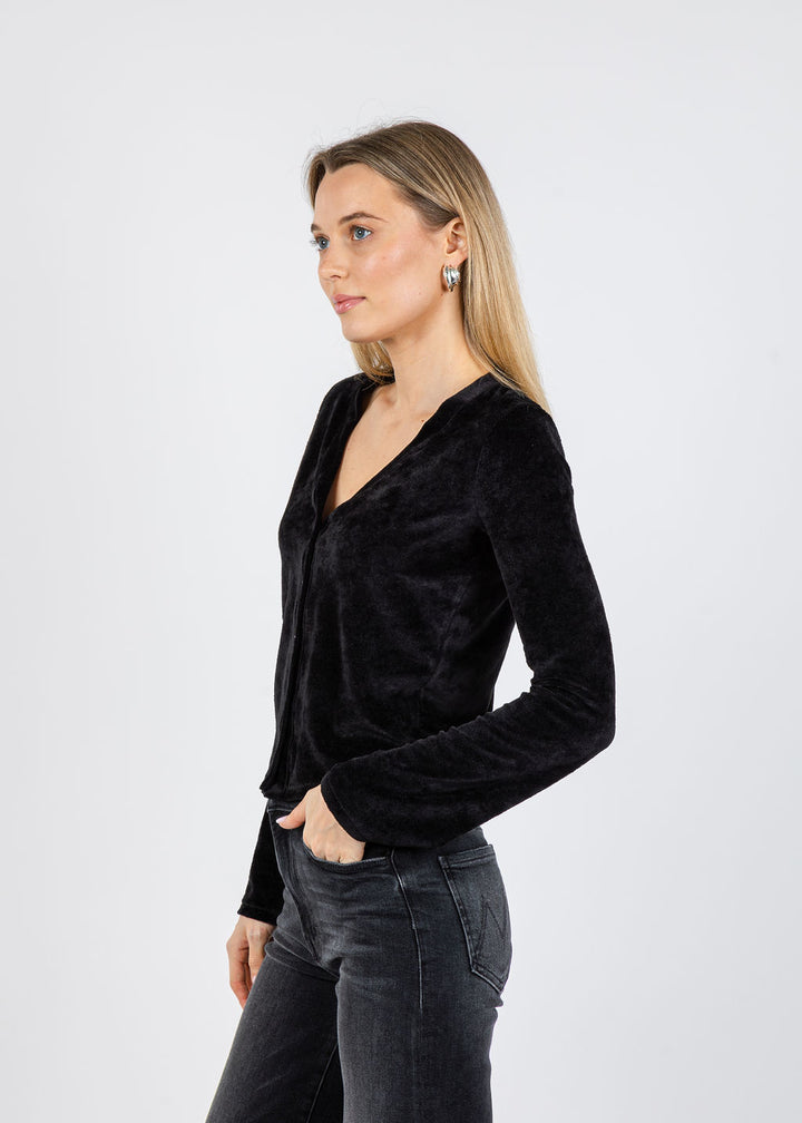 Goldie Velour Crush Cardigan in Black available at Barbara Katz
