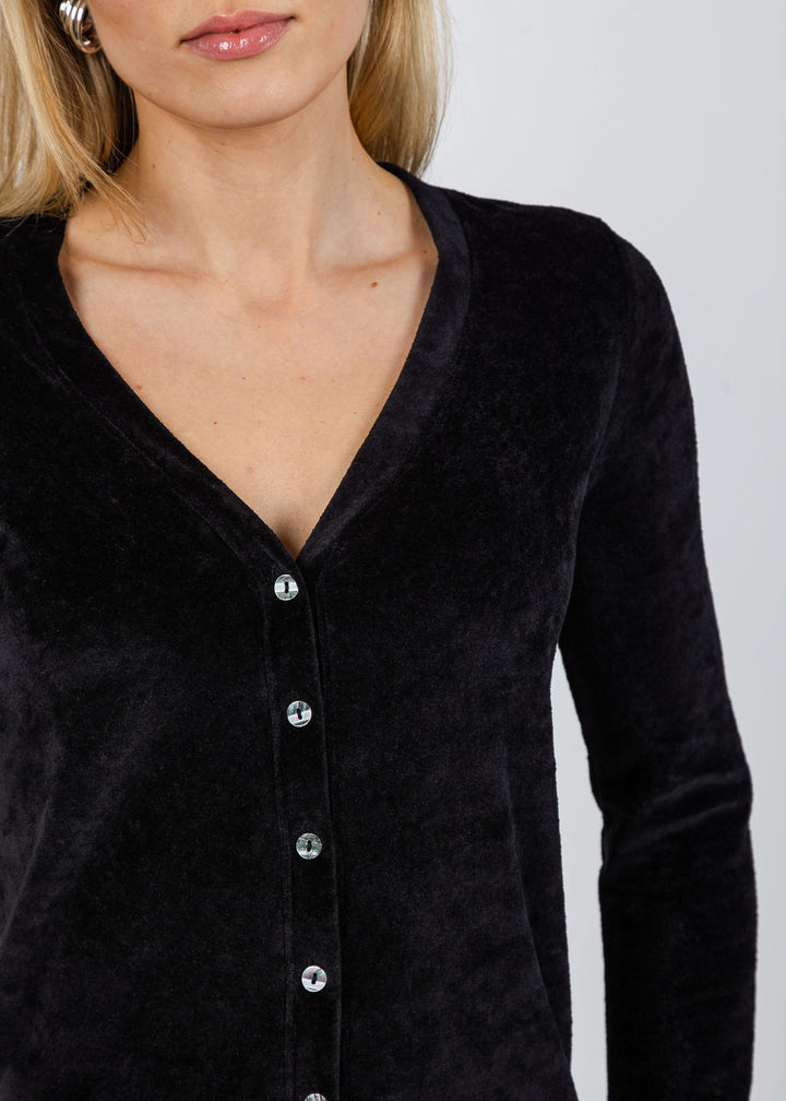 Goldie Velour Crush Cardigan in Black available at Barbara Katz
