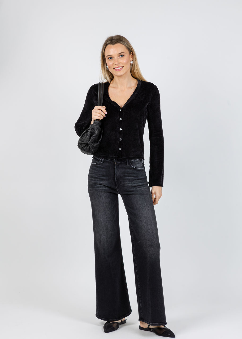 Goldie Velour Crush Cardigan in Black available at Barbara Katz