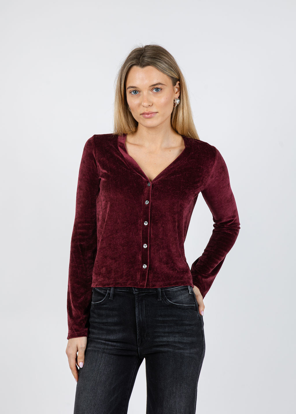 Goldie Velour Crush Cardigan in Bordeaux available at Barbara Katz