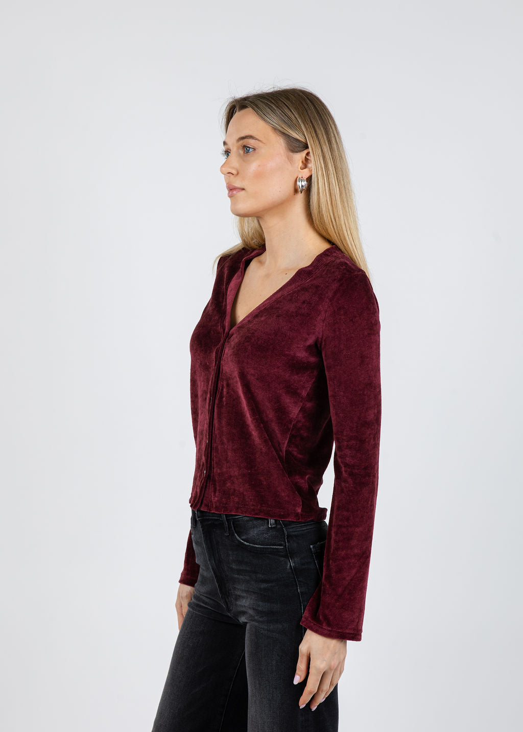 Goldie Velour Crush Cardigan in Bordeaux available at Barbara Katz