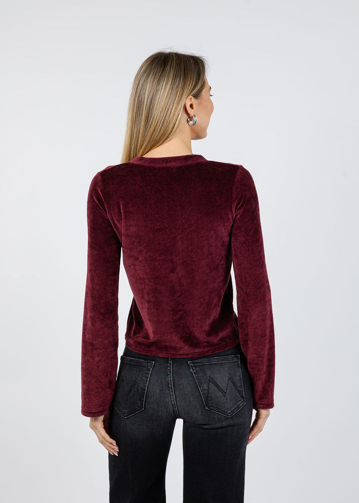 Goldie Velour Crush Cardigan in Bordeaux available at Barbara Katz
